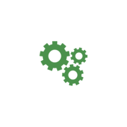 A white circle with three green gears on it.