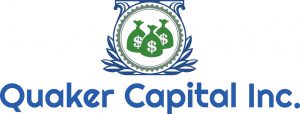A blue and white logo with three bags of money.